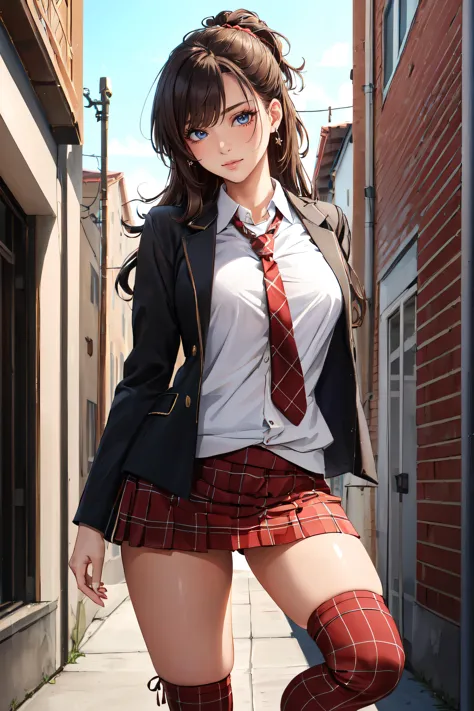 (masterpiece, best quality, ultra detailed, absurdres:1.5), 1girl, (sexy, beautiful woman, perfect face, perfect eyes, perfect female body, medium breasts:1.5), (sch00ll3gw4rm, jacket, necktie, plaid skirt, (plaid leg warmers), loafers, long hair, [blonde|black|brown] hair, bangs, ), (standing, outdoors, college campus, university campus), perfect lighting, smooth, hdr