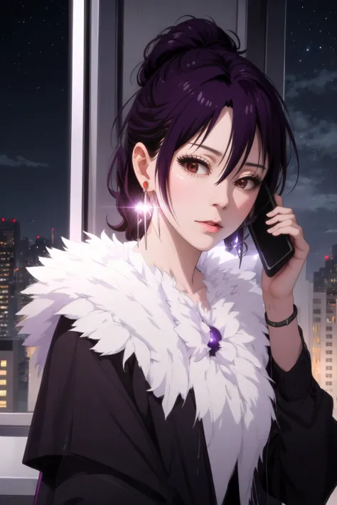 anime girl with purple hair talking on a cell phone in front of a window