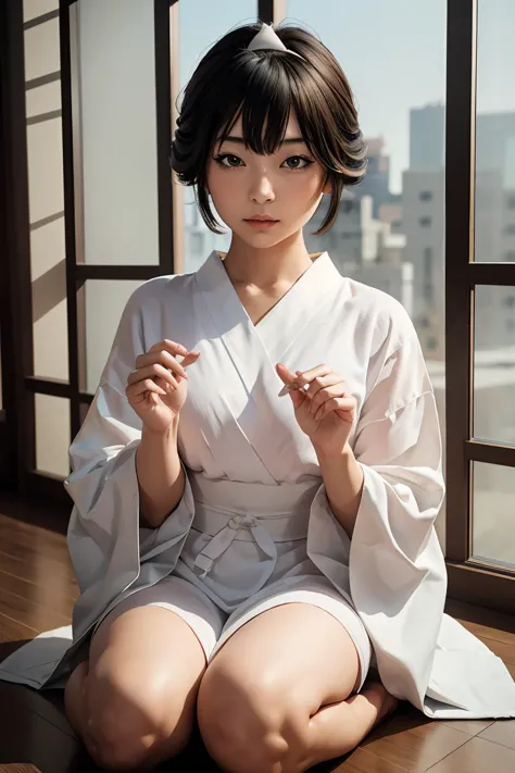 araffe asian woman in white robe sitting on floor in front of window