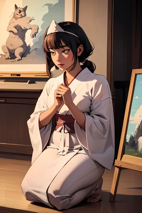 anime girl kneeling down with a cat painting in the background