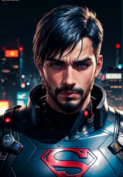 1boy, male focus, solo, facial hair, wild beard, (toned:0.1), dark [blue|black] hair, formal, looking at viewer, portrait, close up, (from above:0.9), suit, dark theme, ([cyberpunk|steampunk]:1.3), cartoon stylish, (expressive), (cybernetic:1.18), superman...