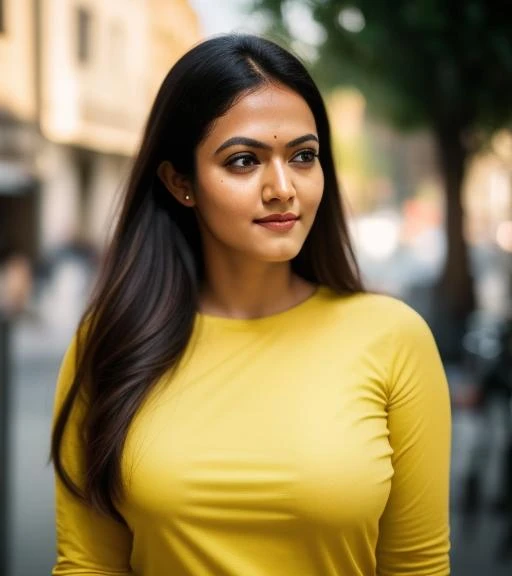 aparna, black long hair, wearing yellow t-shirt and white jeans, street of  rome, (big breasts:1. 2) - SeaArt AI