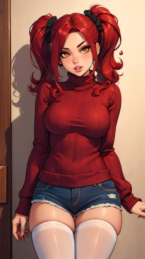 masterpiece, best quality, 1girl, solo, redhair, twintails, very long hair, yellow eyes, hair scrunchie, looking at viewer, lips, parted lips, cowboy shot, pantyhose, short shorts, turtleneck, ribbed sweater,