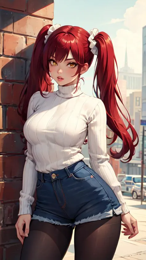 masterpiece, best quality, 1girl, solo, redhair, twintails, very long hair, yellow eyes, hair scrunchie, looking at viewer, lips, parted lips, cowboy shot, pantyhose, short shorts, turtleneck, ribbed sweater,