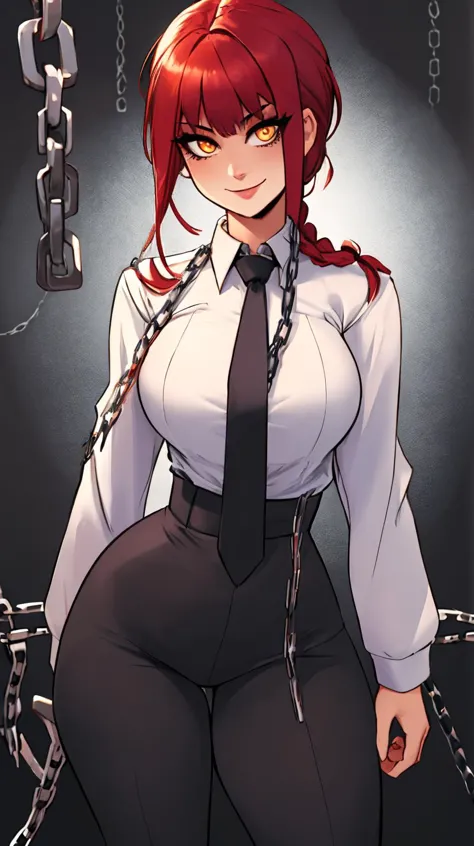 makima \(chainsaw man\), best quality, ultra detailed, 1girl, solo, standing, red hair, long braided hair, golden eyes, bangs, round breasts, wide hips, white shirt, necktie, stare, smile, (evil:1.2), looking at viewer, (interview:1.3), (dark background, chains:1.3),  <lora:makima_offset:1>