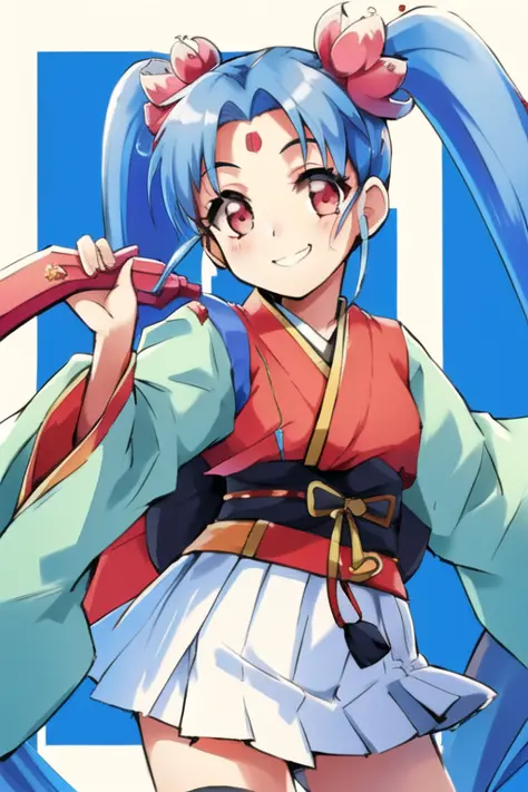 <lora:sammy:0.75>sammy,1girl,solo,12yo girl,twin tail hair,white skirt,lite blue hair,smile,red vest,black obi,kimono