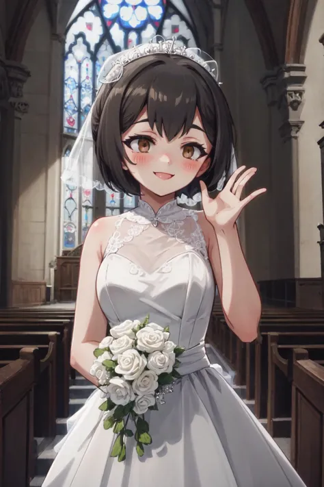 a woman in a wedding dress standing in a church