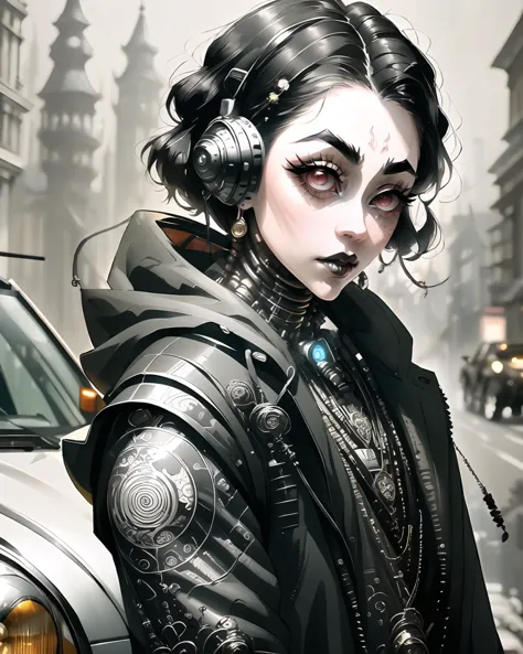 portrait, waist up, (((car, tank))), cybernetic augments, techwear, black and white, tattoo design, tim burton style, junji ito ...