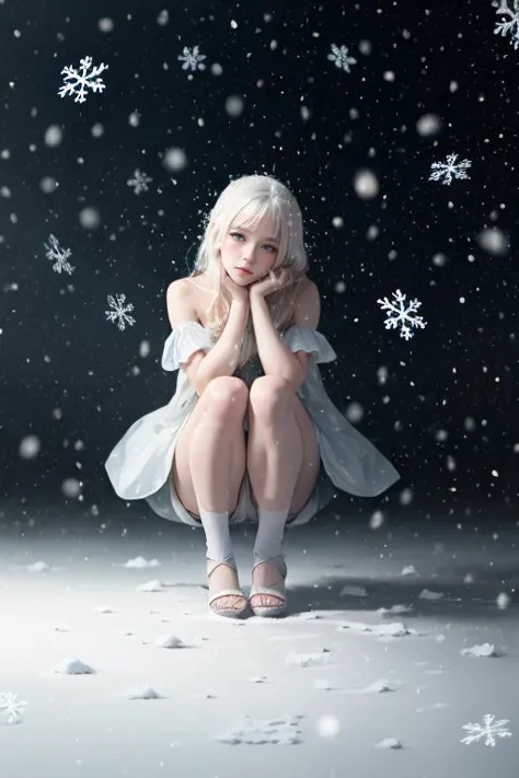 a woman sitting on the ground in a snowstorm with snowflakes