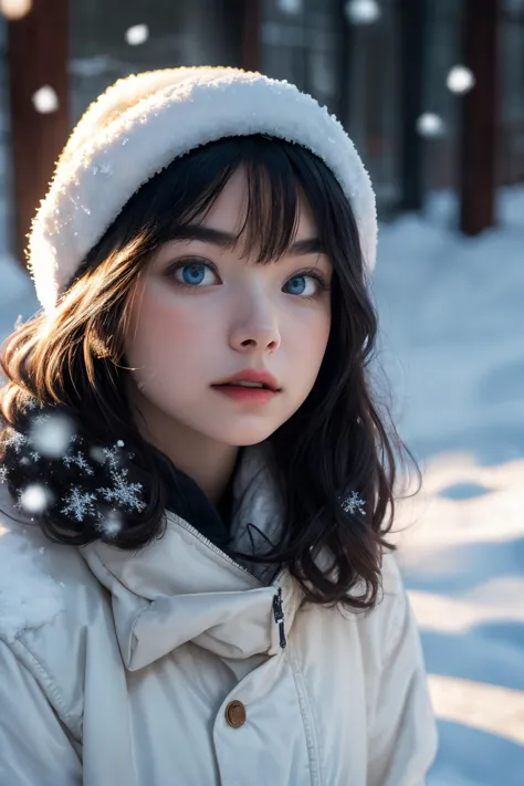 a close up of a person wearing a white hat and jacket