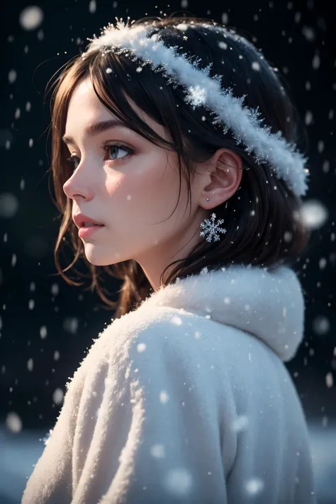 a woman in a white coat and a white headband in the snow