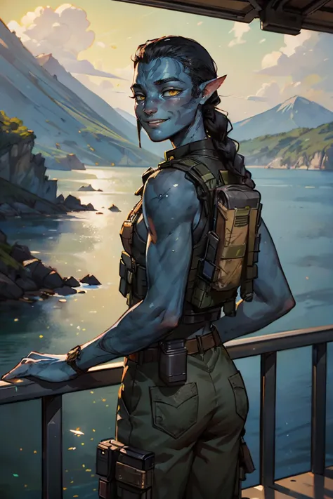 AvMilesQ, man, short black hair,one braid, blue skin, yellow eyes, military clothes, bulletproof vest, green pants, looking back at viewer, serious, smiling, leaning, on railing, on boat, ocean, mountain, overcast, high quality, masterpiece, <lora:AvMilesQ:.7>