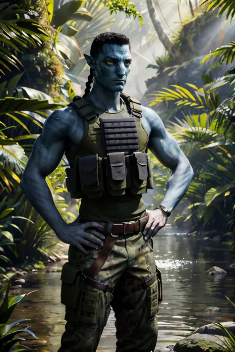 AvMilesQ, man, short black hair,one braid, blue skin, yellow eyes, military clothes, bulletproof vest, green pants, looking at viewer, serious, standing, hands on hips, outside, jungle, trees, river, natural lighting, high quality, masterpiece, <lora:AvMil...