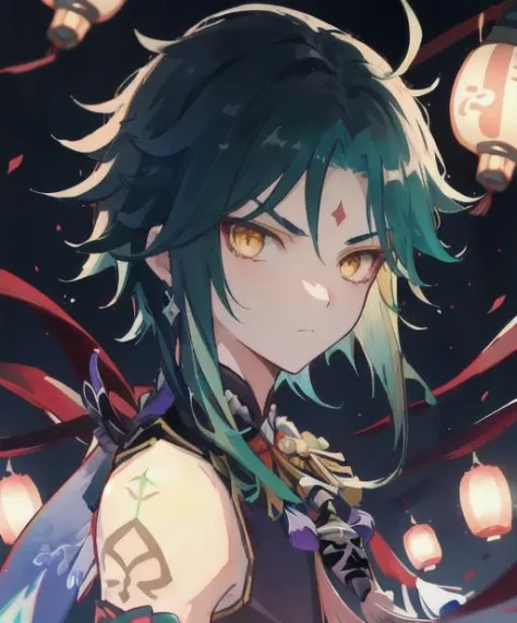 1boy,dark green hair,best quality,xiao,genshin impact,standing surrounded by lanterns,festive lanters,masterpiece,extremley,yellow eyes,male focus,beautiful eyes, , holding weapon, serious face <lora:Genshin_Xiao_v1:0.8>