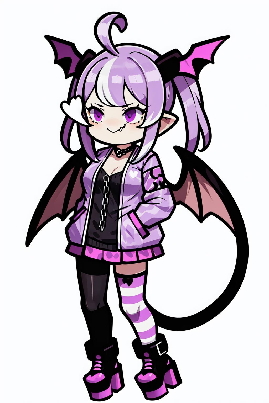 A drawing of a girl with a purple and black outfit and a bat - SeaArt AI