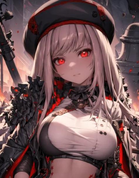 a woman in a military outfit with red eyes and a sword