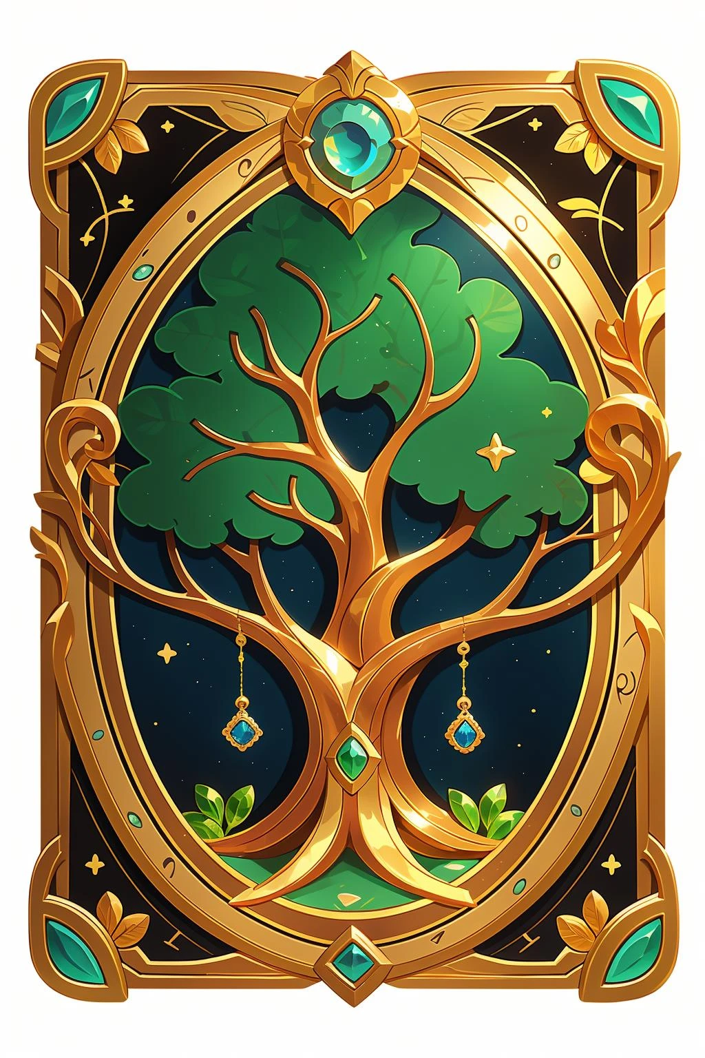 concept art, game cards, European pattern, gold relief, relief, no man, gemstone, tree pattern, still life, tarot cards, border, simple background,