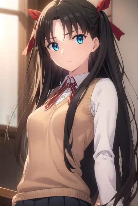 rintohsaka, rin tohsaka, aqua eyes, (black hair:1.5), hair ribbon, long hair, ribbon, sidelocks, two side up, (parted bangs:1.5),
BREAK (brown sweater vest:1.2), collared shirt, homurahara academy school uniform, neck ribbon, red ribbon, ribbon, , shirt, sweater vest, white shirt,
BREAK indoors, classroom,
BREAK looking at viewer, (cowboy shot:1.5)
BREAK (masterpiece:1.2), best quality, high resolution, unity 8k wallpaper, (illustration:0.8), (beautiful detailed eyes:1.6), extremely detailed face, perfect lighting, extremely detailed CG, (perfect hands, perfect anatomy),