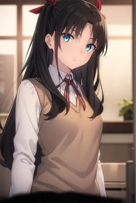 rintohsaka, rin tohsaka, aqua eyes, (black hair:1.5), hair ribbon, long hair, ribbon, sidelocks, two side up, (parted bangs:1.5),
BREAK (brown sweater vest:1.2), collared shirt, homurahara academy school uniform, neck ribbon, red ribbon, ribbon, , shirt, sweater vest, white shirt,
BREAK indoors, classroom,
BREAK looking at viewer, (cowboy shot:1.5)
BREAK (masterpiece:1.2), best quality, high resolution, unity 8k wallpaper, (illustration:0.8), (beautiful detailed eyes:1.6), extremely detailed face, perfect lighting, extremely detailed CG, (perfect hands, perfect anatomy),