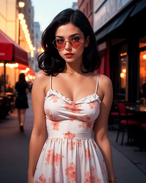 cinematic film still sundress cafe date, sunglasses,  casual and cute,((pastel floral hem cotton sundress)), high heels, collarb...