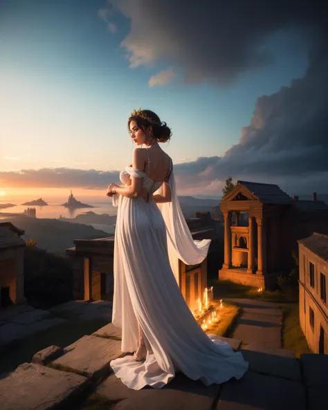 cinematic film still Roman Emperor, regal posture, draped in white toga, ornate jewelry, marble throne, Colosseum backdrop, laurel wreath headband, golden hour lighting, ancient Rome,  best quality, high quality, high detail, 4k, 8k resolution,  from above,wide angle shot Lost in Fog, Ethereal, mist-covered, noir, surreal, by Michael Kenna . shallow depth of field, vignette, highly detailed, high budget, bokeh, cinemascope, moody, epic, gorgeous, film grain, grainy