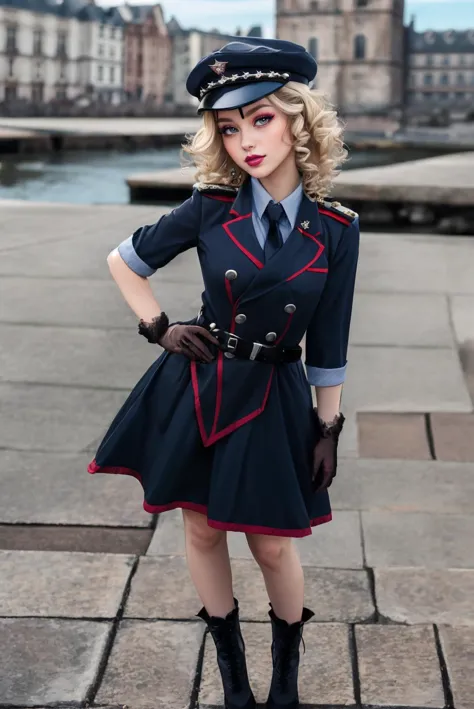 woman,   Adult,  curvy, looking at viewer,  (portrait photo:1.3), (blonde curly hair:1.1), <lora:m1l1t4ry:0.77> m1l1t4ry, full body,boots, necktie, black gloves, black dress, high heels, peaked cap, best quality, high detail, high quality, high res, 4k,eyeliner, pouty lips,  detailed skin texture,  (blush:0.5), castle  background, ((very tiny waist)), smiling