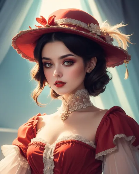 ethereal fantasy concept art of  beautiful adult mature woman,  age 30, high quality, best quality, highres, high detail, rim lighting,god rays,  <lora:Addon_v-90sGrungeMakeup:0.65> 90sgrung3, red makeup, red lips, Edwardian-inspired feathered hat, delicate lace and silk ribbons, soft pastel hues, elegant, towering Edwardian silhouette, adorned with vintage brooches . magnificent, celestial, ethereal, painterly, epic, majestic, magical, fantasy art, cover art, dreamy