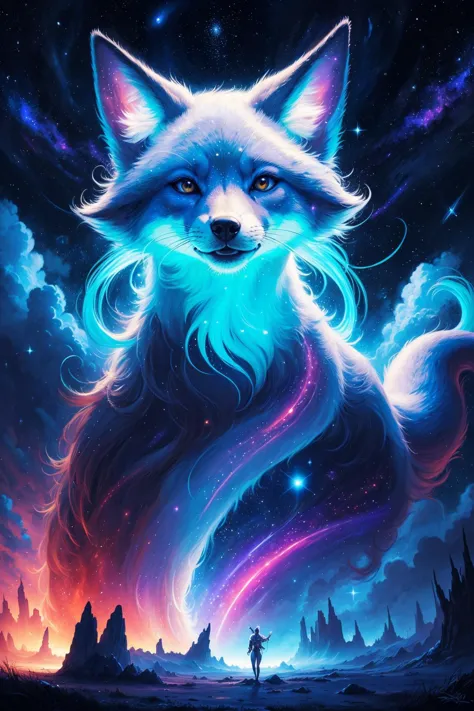 Graffiti style blue and white celestial fox, ethereal, star patterns, cosmic energy, vibrant colors, mystical aura, highly detai...