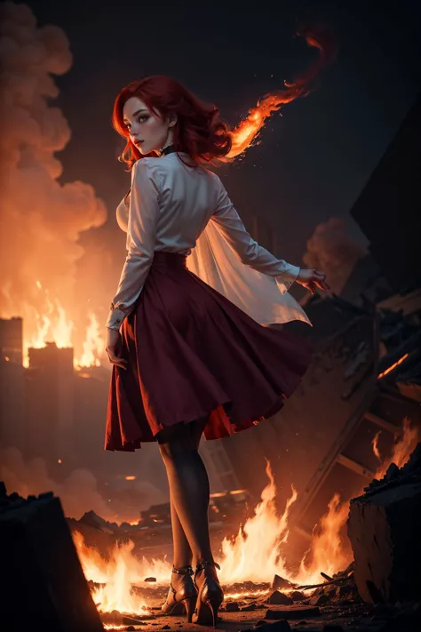 Photo of a woman shrouded in fire and smoke, standing fearlessly in a burning building, (flaming red hair:1.32), (ethereal quality:1.33), wearing a skirt, (hair flying behind her:1.25), cleavage, stockings