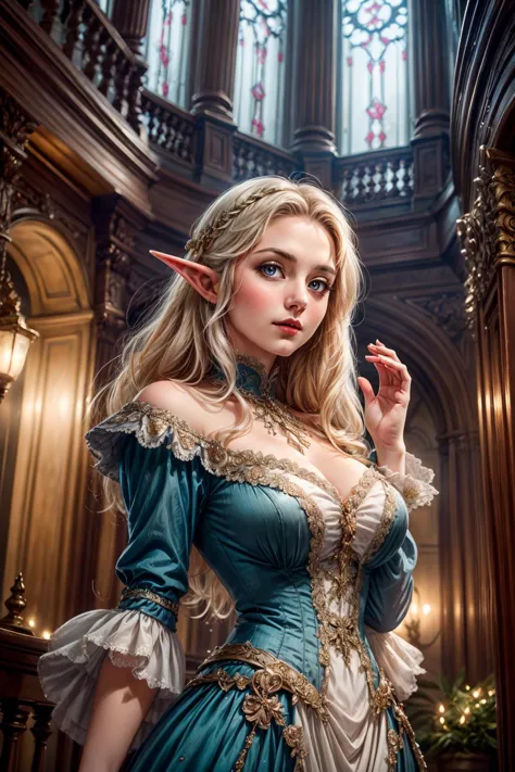 A portrait of an (elven woman:1.25) wearing a beautiful high quality Victorian dress, standing on a mansion balcony waving, Victorian setting, high quality colors, low angle close shot 