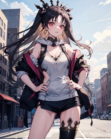ishtar \(fate\), 1girl,solo,  cowboy shot, standing, hand on hip, single thighhigh,cleavage, black_hair,((hoodie:1.2)),outdoors,street,