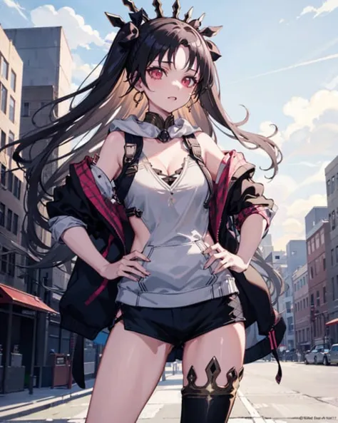 ishtar \(fate\), 1girl,solo,  <lora:IshtarV2:0.7>, cowboy shot, standing, hand on hip, single thighhigh,cleavage, black_hair,((hoodie:1.2)),outdoors,street,