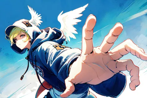 anime character with wings flying over a person on a skateboard