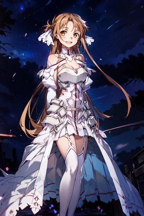 stacia, 1girl, solo, long hair, large breasts, looking at viewer, smile, open mouth, bangs ,detailed eyes, beautiful background, (night sky, stars), brown hair, thighhighs, gloves, dress, cleavage, bare shoulders, brown eyes, very long hair, standing, full body, white gloves, white dress, armor, white thighhighs, garter straps, fantasy, white armor, arms behind back, 