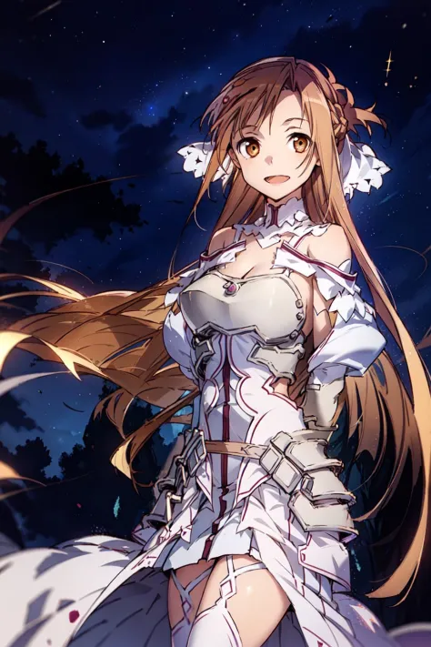 stacia, 1girl, solo, long hair, large breasts, looking at viewer, smile, open mouth, bangs ,detailed eyes, beautiful background, (night sky, stars), brown hair, thighhighs, gloves, dress, cleavage, bare shoulders, brown eyes, very long hair, white gloves, white dress, armor, white thighhighs, garter straps, fantasy, white armor, arms behind back, 