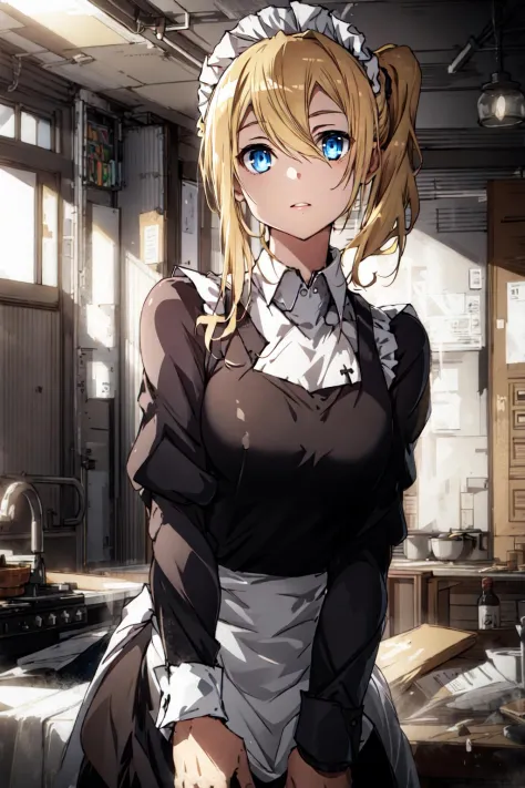 masterpeace,best quality,highres,1girl,hayasaka ai,solo,blonde hair,maid,blue eyes,side ponytail,hair scrunchie,hair ornament,blue scrunchie,maid headdress,apron,hair between eyes,breasts,long sleeves,bangs,white shirt,black dress,sidelocks,maid apron,black pantyhose,<lora:hayasaka_ai_v10:0.6>,cowboy shot,large breasts,(curvy body),(fleshy body),hands behind your back,indoors,