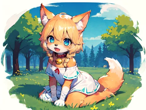 [Lily Fisher], Original Character, 1girl, fluffy wolf tail, wolf ears,
((chibi,)) Round cherubic face with rosy cheeks. Bright a...
