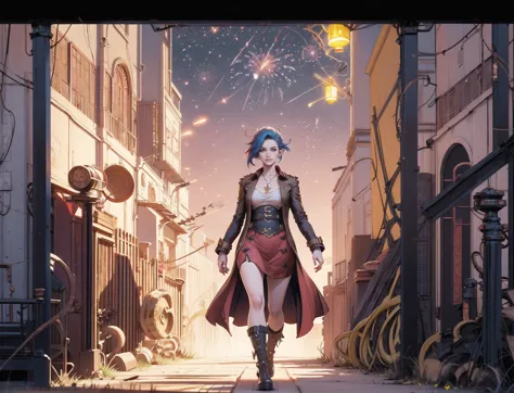 anime girl walking down a street with a firework in the background