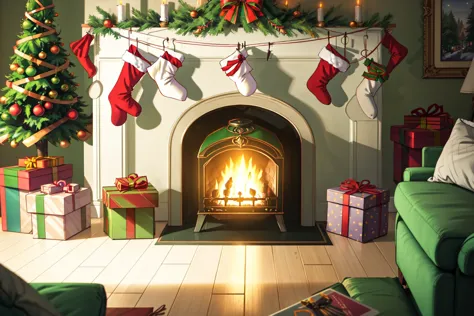 fireplace with stockings hanging from it and presents around it