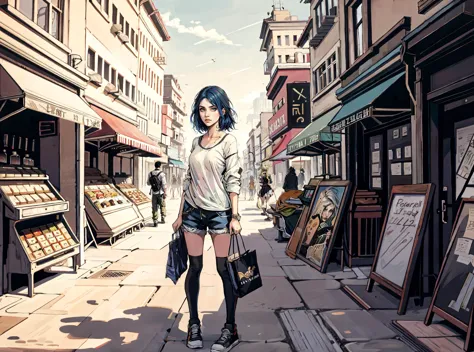 anime girl walking down a street with a purse and a book