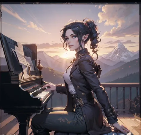 a woman sitting at a piano in front of a mountain