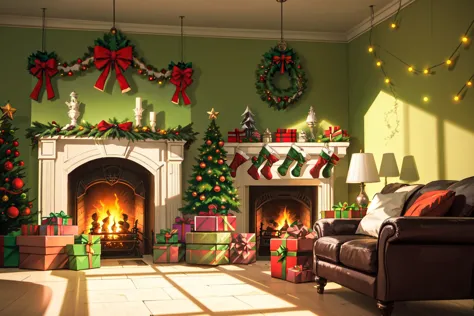 arafed room with a fireplace and christmas decorations and a christmas tree