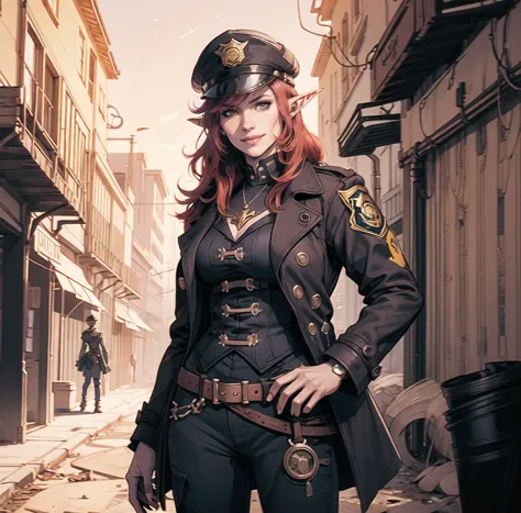 there is a woman in a military uniform standing in a street