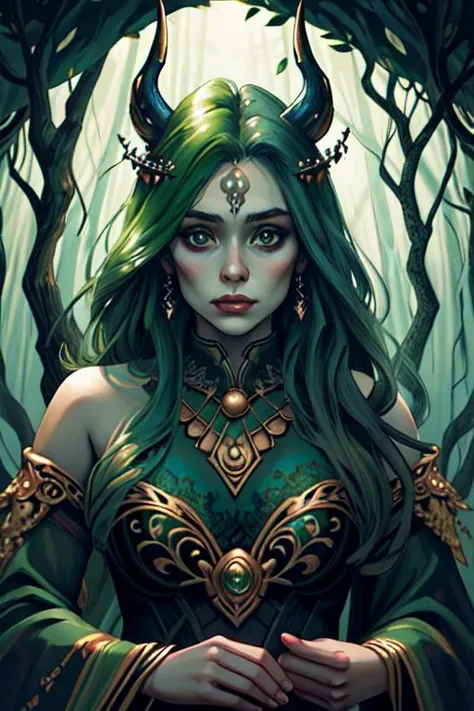 a woman with green hair and horns in a forest