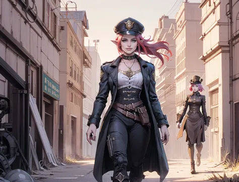 Single European 26 year old woman, red/blue bob hair and elf ears,  eyes, realistic, real life, extremely beautiful, highly detailed, ultra-detailed, incredibly detailed, (masterpiece, best quality, sharp focus) full body,chest, gentle grin steampunk police,hat, trench coat,walking in alleway street view city