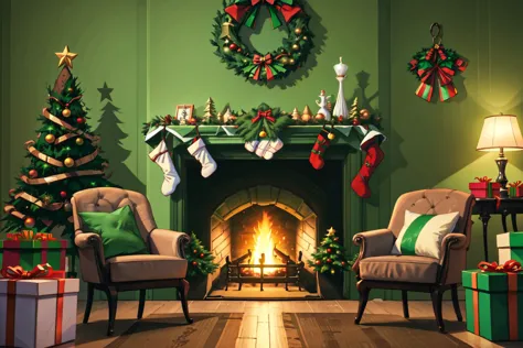 arafed room with a fireplace and christmas decorations and a christmas tree