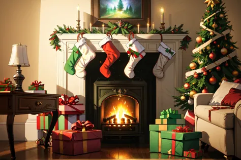 fireplace with christmas stockings and presents in front of it