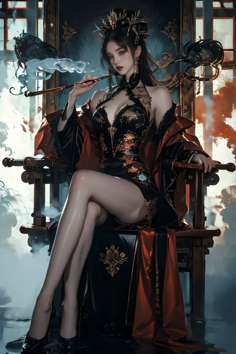 a woman in a black dress sitting on a throne with a sword