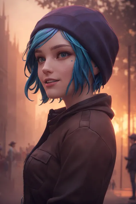 a woman with blue hair and a beanie stands in front of a building