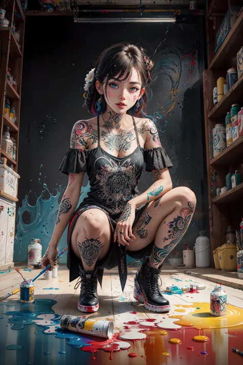 a woman with tattoos and piercings kneeling on the floor in a room